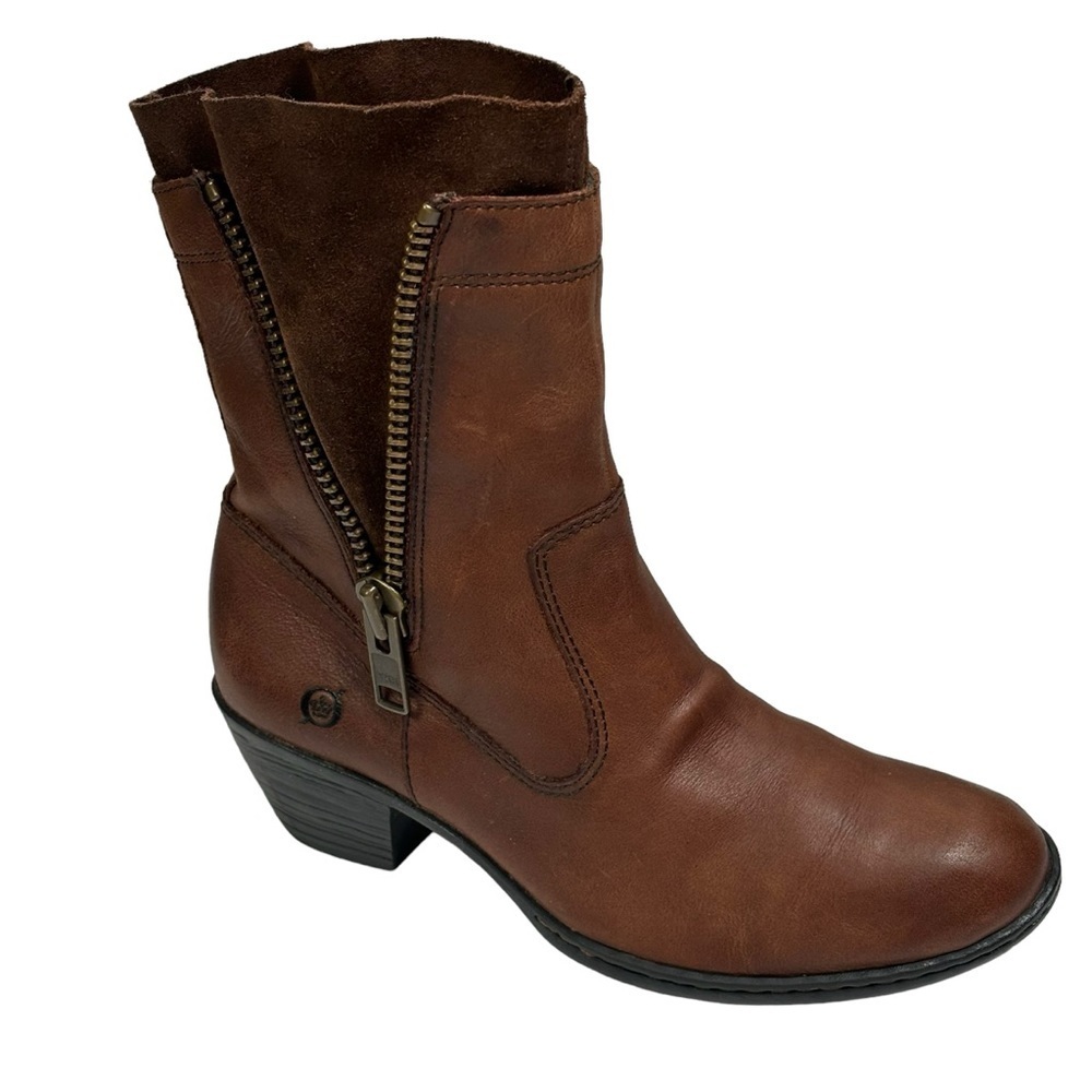 Born Whiskey Brown Leather Mid Calf Boots Dual Brass Side Zippers Size 6.5